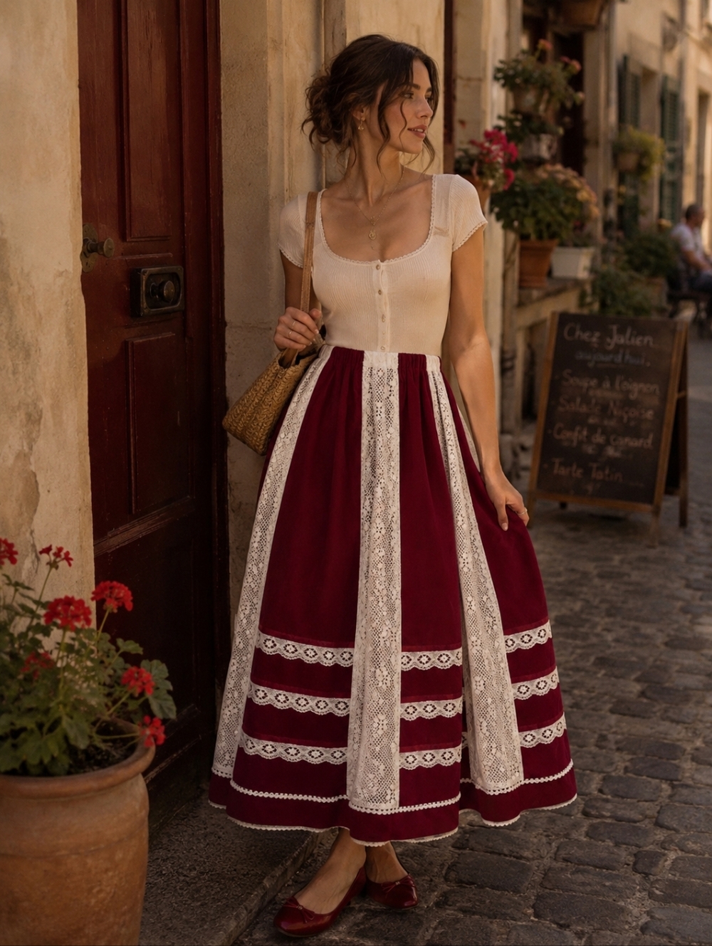 VTG Cottagecore Lace Velvet Prairie Boho Midi Skirt Red White S Folk Lace